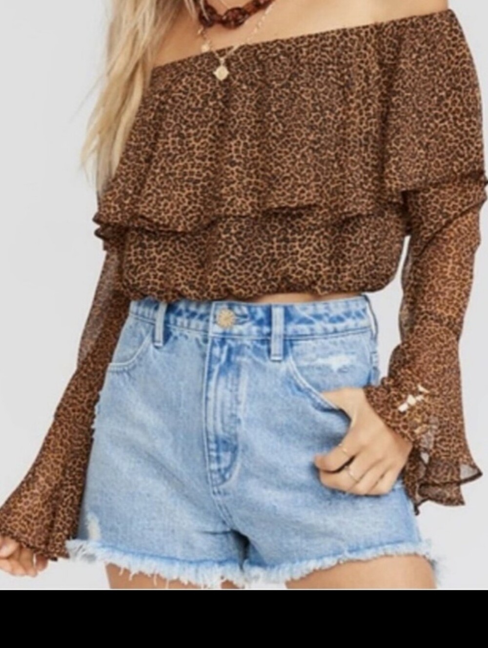 Show Me Your MuMu Brown Leopard Off-Shoulder Love Spell Ruffle Crop Top